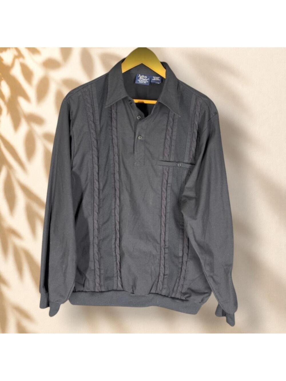 John Blair Polo Shirt Men M Medium Black Button Up Collared Long Sleeve Cotton